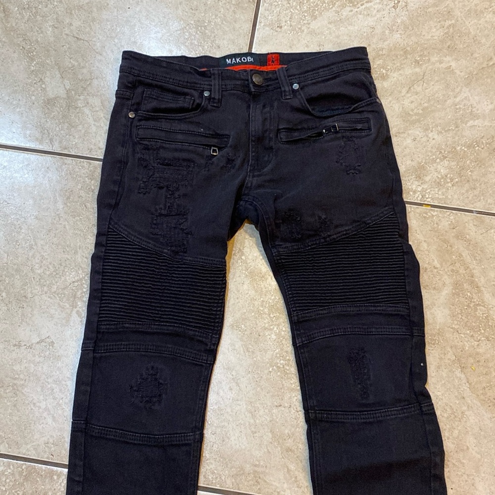 Makobi M1786 MAKOBI PRADO BIKER JEANS WITH RIP & REPAIR - BLACK/BLACK